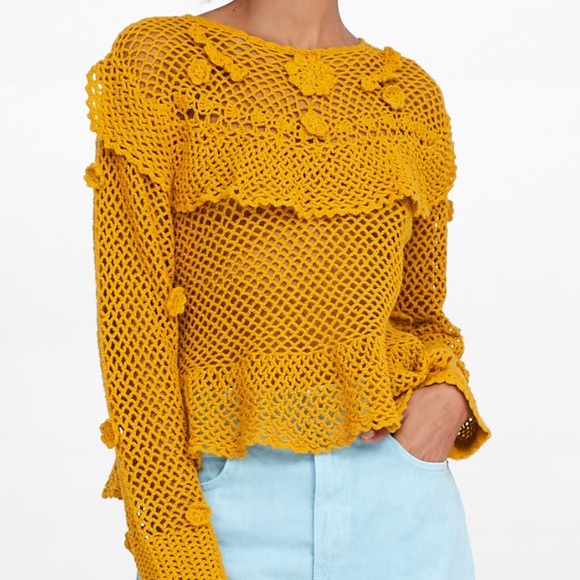 Zara Tops - Ruffled Crocheted Sweater Mustard Sz Medium
